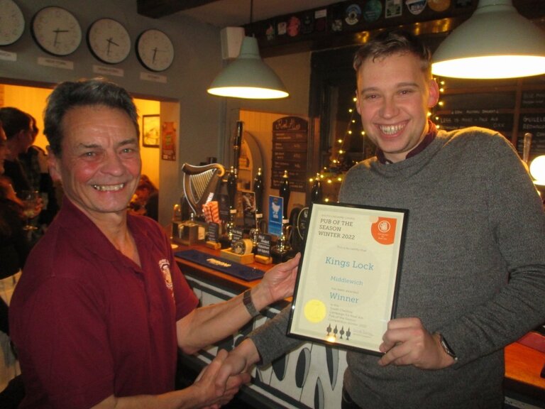 South Cheshire CAMRA Pub of the Season – Winter 2022 – Kings Lock, Middlewich