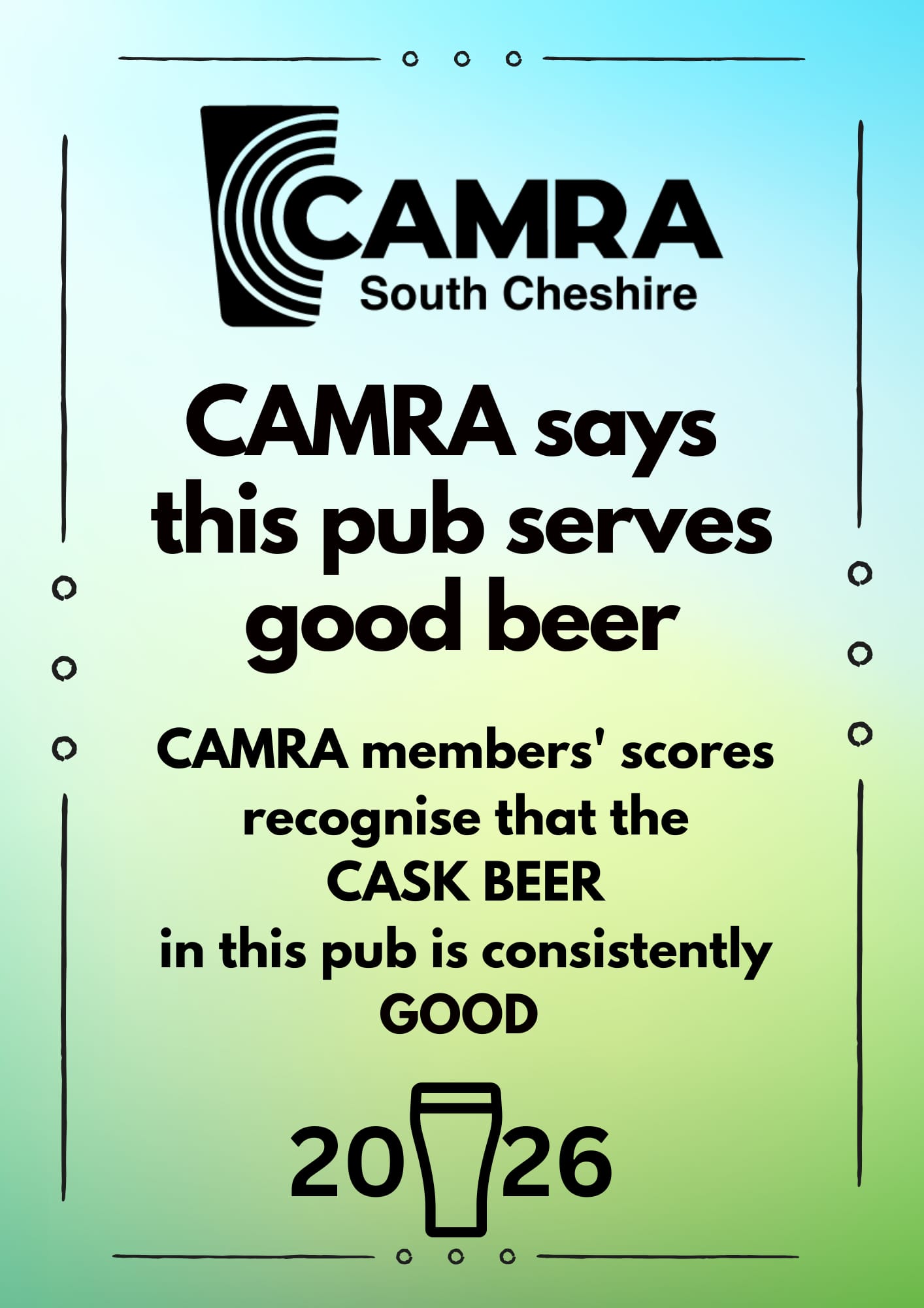 South Cheshire Beer Award sign